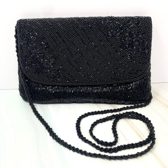Vintage La Regal Hand Beaded Elegant Black Beaded Clutch Evening Bag Purse